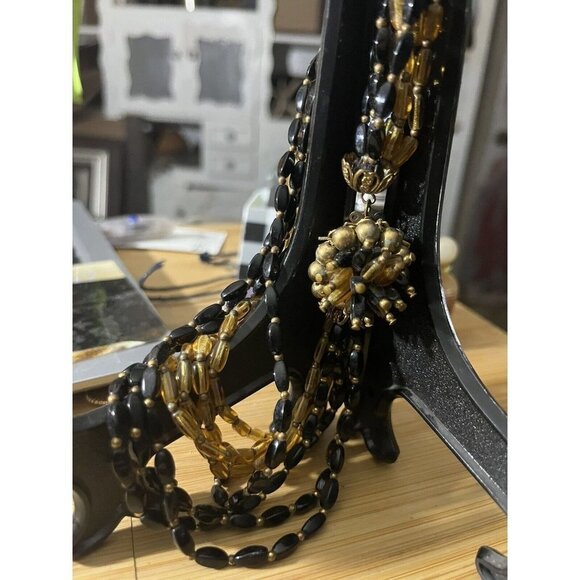 Strand Jewelry - Vintage 16" Iridescent Black and Gold Glass Beads Braided Multi Strand Necklace